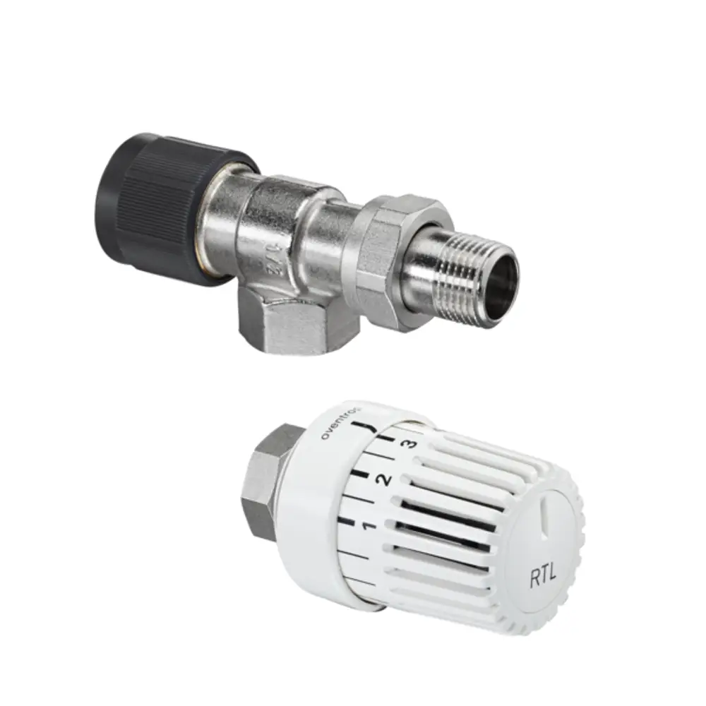Rücklaufventil und Thermostat von Oventrop, bestehend aus einem metallenen Ventil mit Anschluss und einem weißen Thermostat mit einstellbarer Skala.